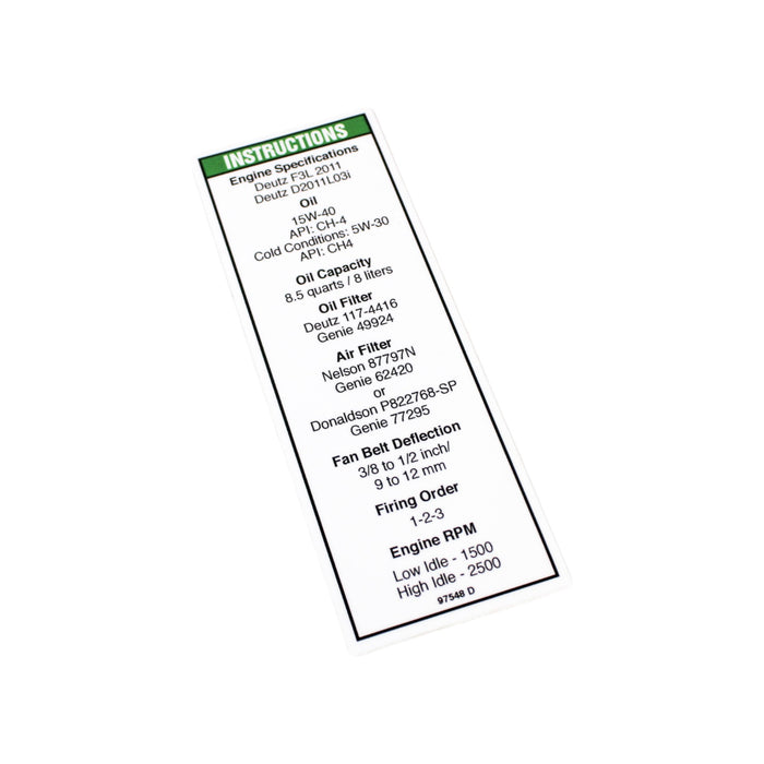 1DC46056 - DECAL, ENGINE SPEC DEUTZ 2011T2