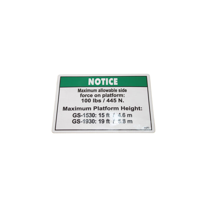 44253GN - DECAL, NOTICE SIDE FORCE 100 LBS